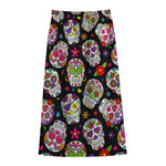 Sugar Skull Pattern Print Cotton Front Slit Maxi Skirt