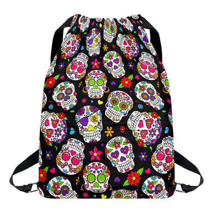 Sugar Skull Pattern Print Drawstring Backpack