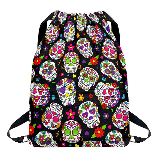 Sugar Skull Pattern Print Drawstring Backpack
