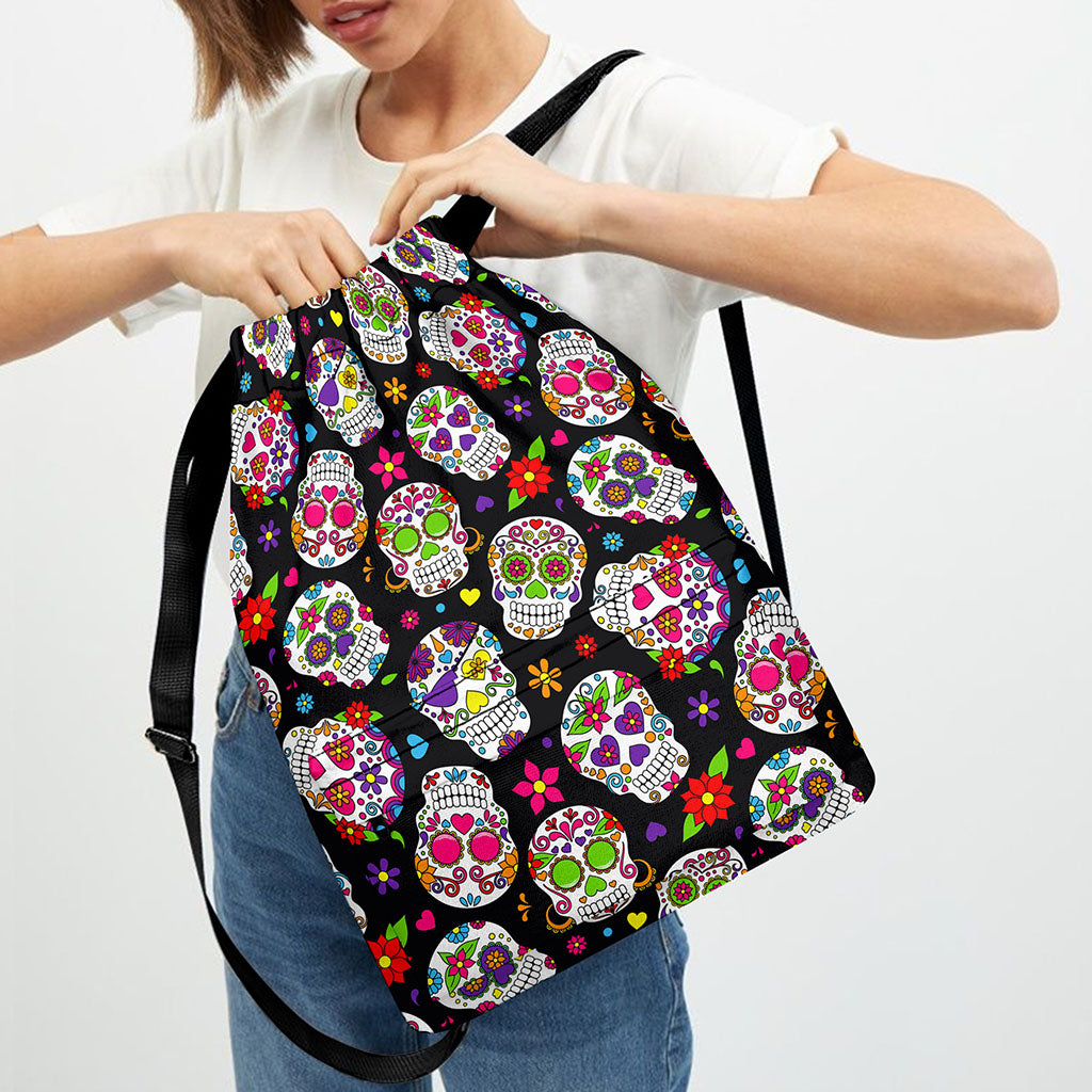 Sugar Skull Pattern Print Drawstring Backpack