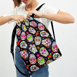 Sugar Skull Pattern Print Drawstring Backpack