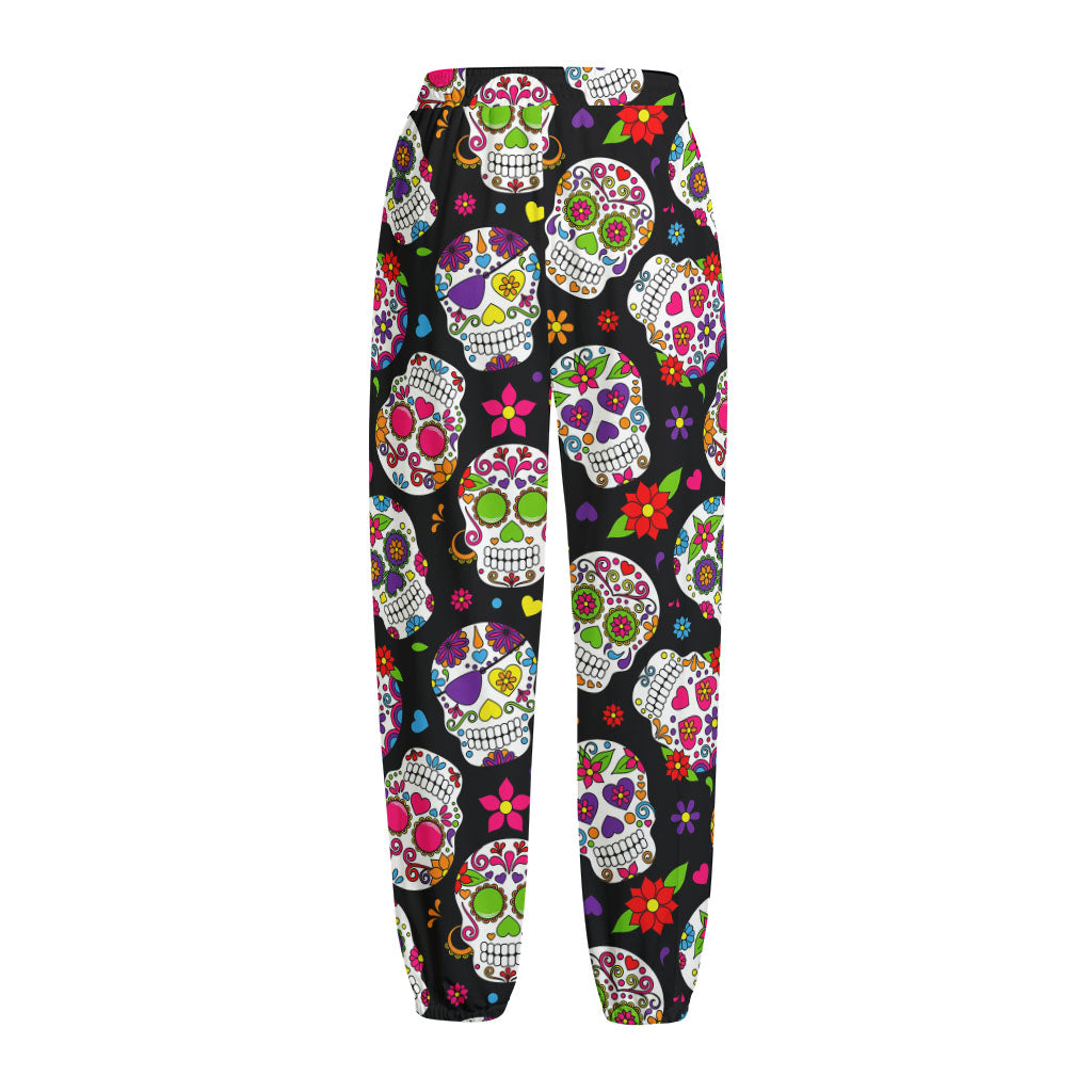 Sugar Skull Pattern Print Fleece Lined Knit Pants