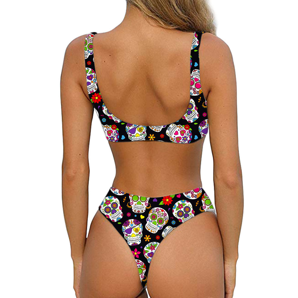 Sugar Skull Pattern Print Front Bow Tie Bikini