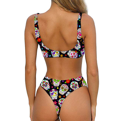 Sugar Skull Pattern Print Front Bow Tie Bikini