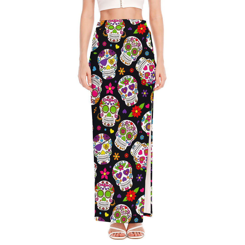 Sugar Skull Pattern Print High Slit Maxi Skirt