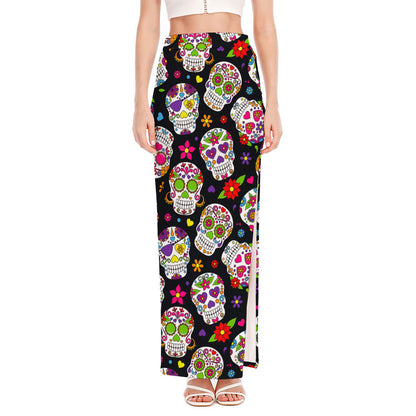 Sugar Skull Pattern Print High Slit Maxi Skirt