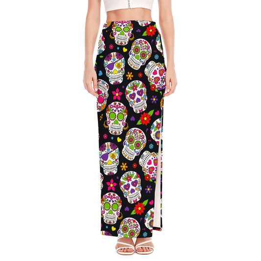 Sugar Skull Pattern Print High Slit Maxi Skirt