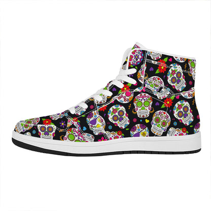 Sugar Skull Pattern Print High Top Leather Sneakers