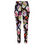 Sugar Skull Pattern Print High-Waisted Pocket Leggings