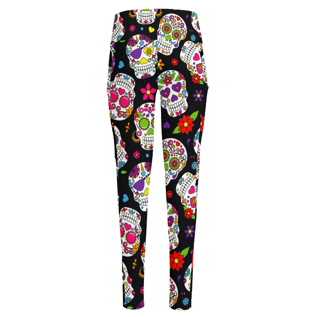 Sugar Skull Pattern Print High-Waisted Pocket Leggings