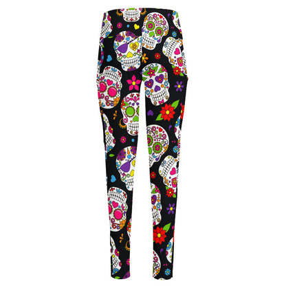 Sugar Skull Pattern Print High-Waisted Pocket Leggings