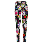 Sugar Skull Pattern Print High-Waisted Pocket Leggings