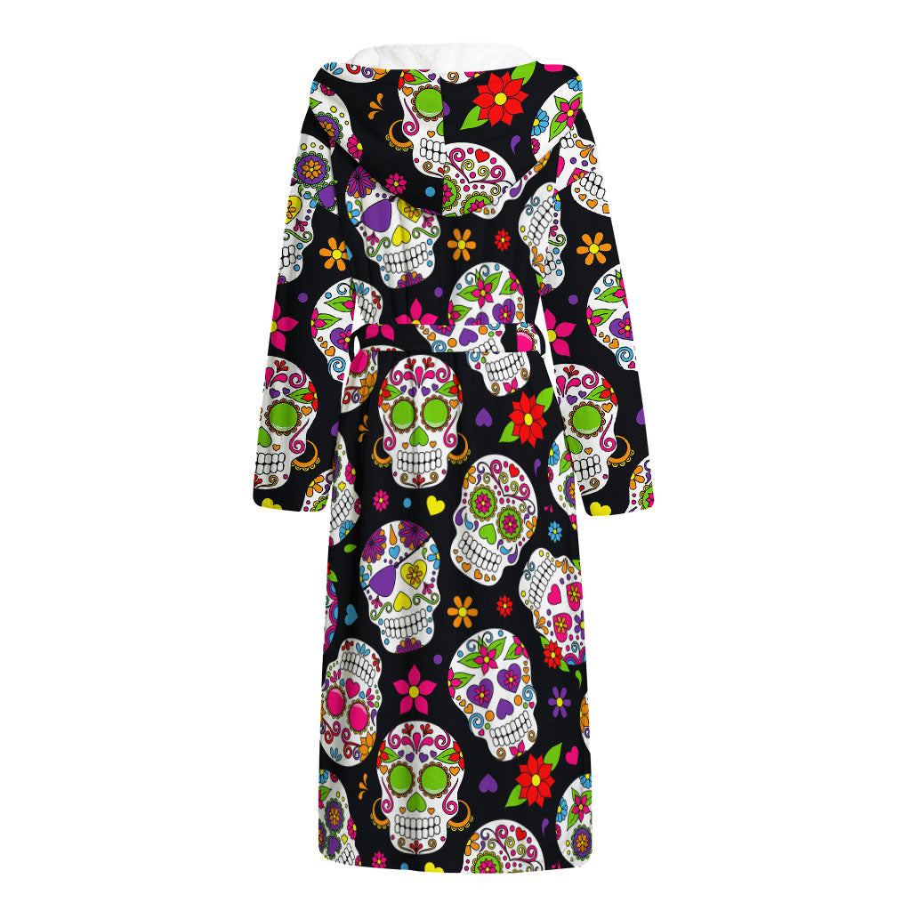 Sugar Skull Pattern Print Hooded Bathrobe