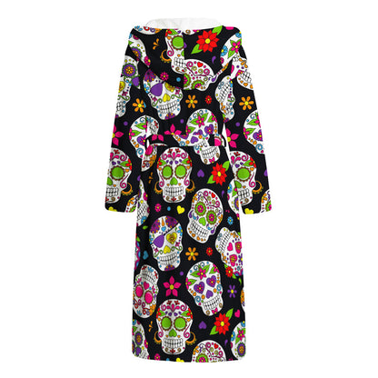 Sugar Skull Pattern Print Hooded Bathrobe