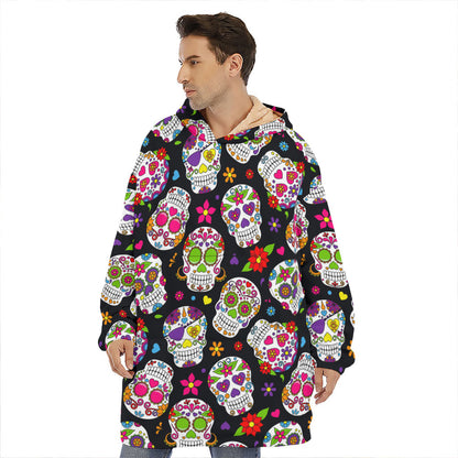 Sugar Skull Pattern Print Hoodie Blanket