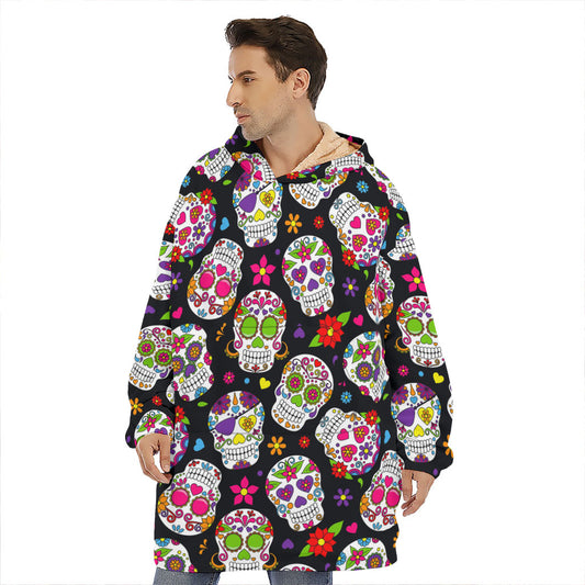 Sugar Skull Pattern Print Hoodie Blanket