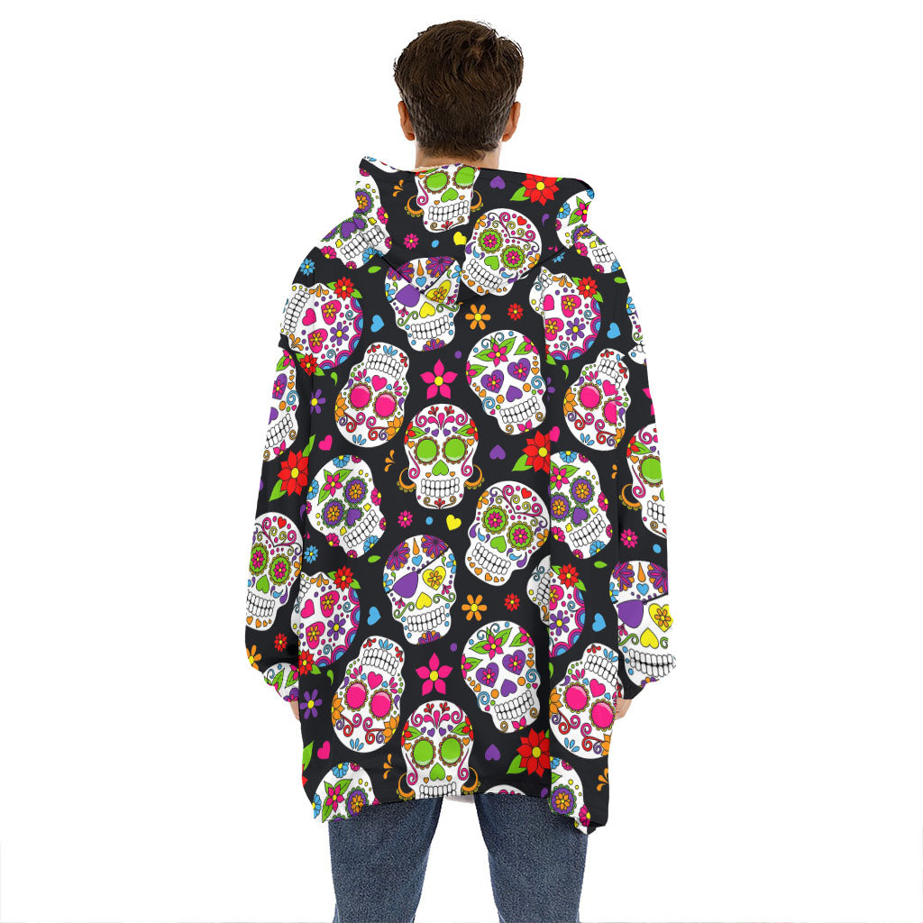 Sugar Skull Pattern Print Hoodie Blanket