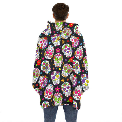 Sugar Skull Pattern Print Hoodie Blanket