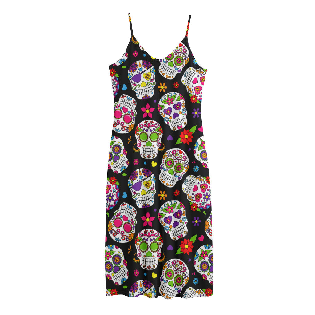 Sugar Skull Pattern Print Jersey Midi Cami Dress