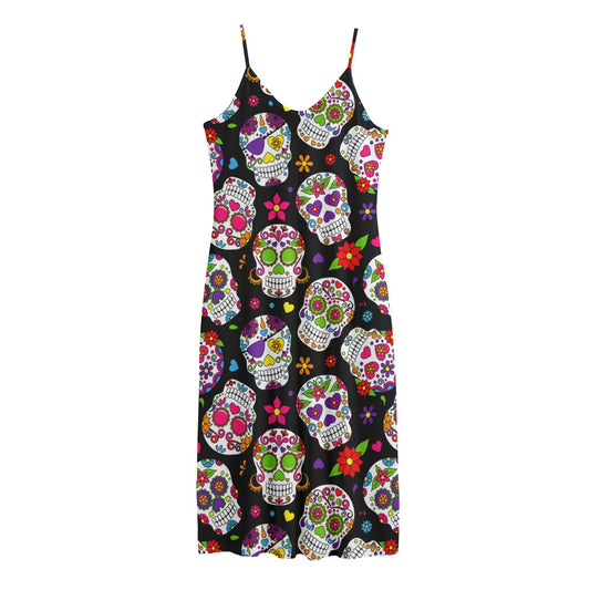 Sugar Skull Pattern Print Jersey Midi Cami Dress