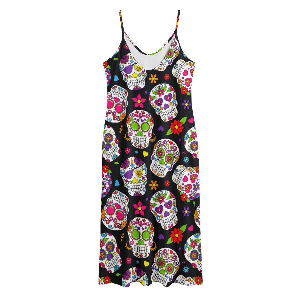 Sugar Skull Pattern Print Jersey Midi Cami Dress