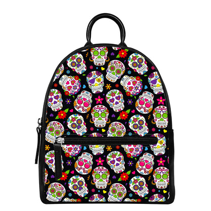 Sugar Skull Pattern Print Leather Backpack