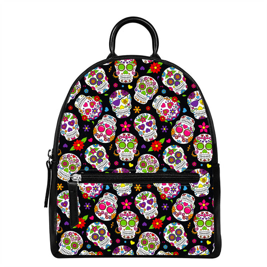 Sugar Skull Pattern Print Leather Backpack