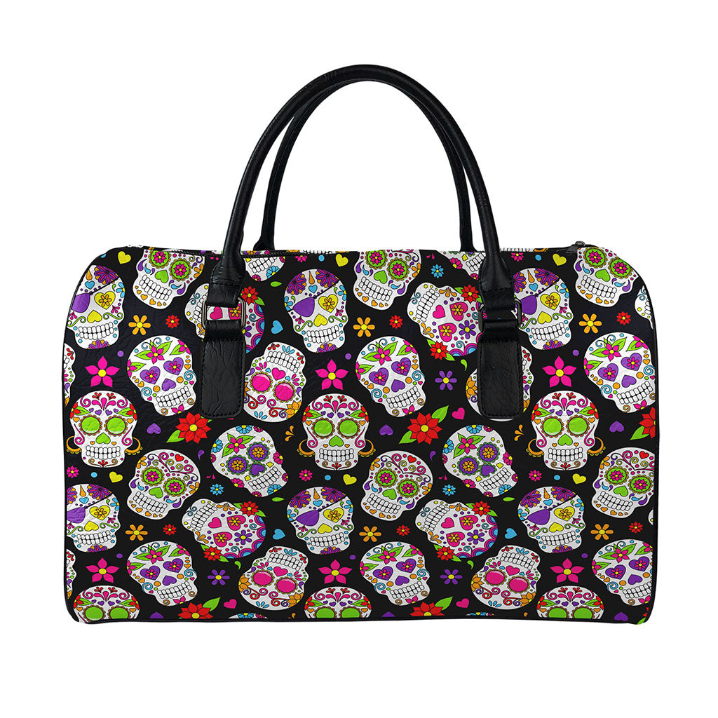 Sugar Skull Pattern Print Leather Duffle Bag