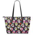 Sugar Skull Pattern Print Leather Tote Bag With Zipper