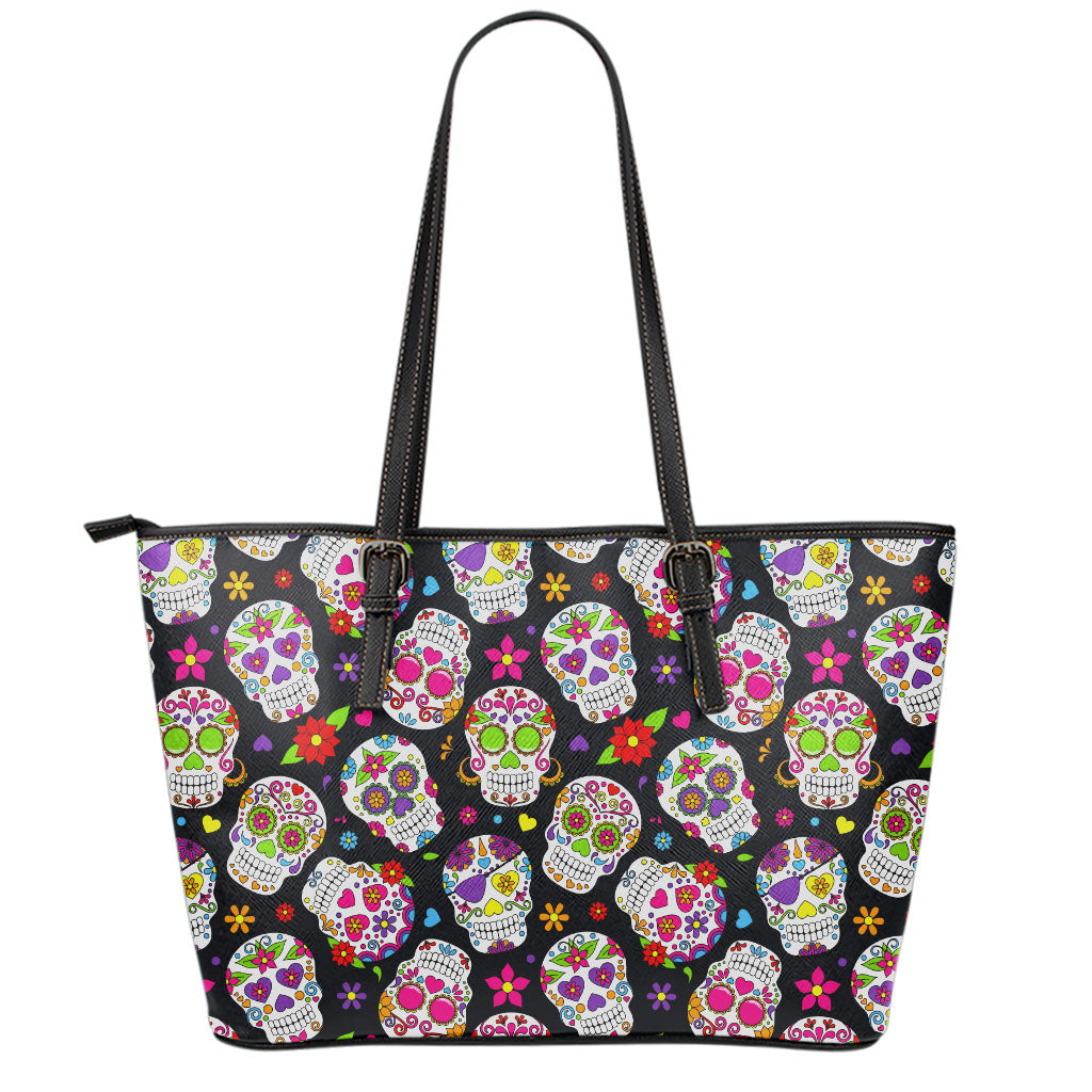 Sugar Skull Pattern Print Leather Tote Bag
