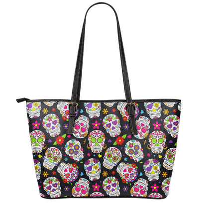 Sugar Skull Pattern Print Leather Tote Bag