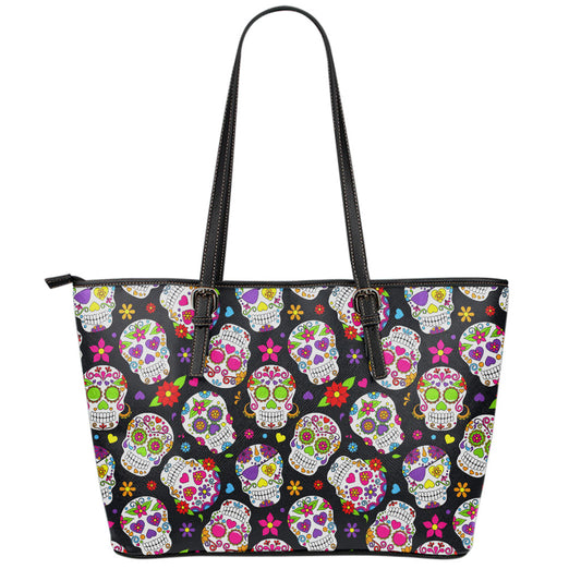 Sugar Skull Pattern Print Leather Tote Bag
