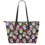 Sugar Skull Pattern Print Leather Tote Bag