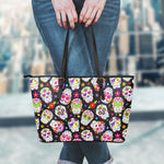 Sugar Skull Pattern Print Leather Tote Bag