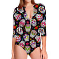 Sugar Skull Pattern Print Long Sleeve Swimsuit
