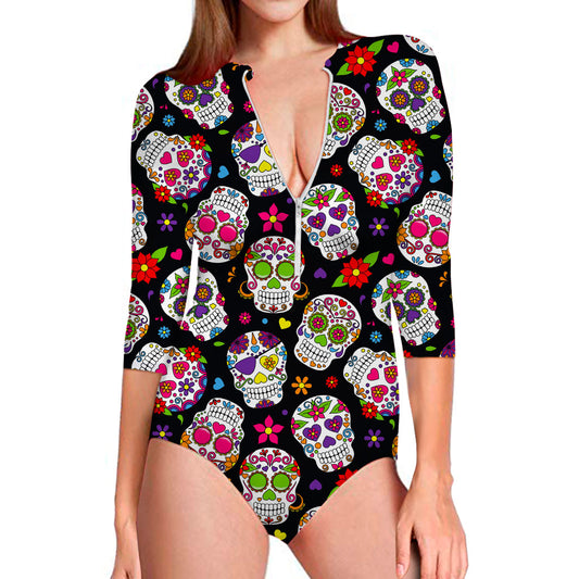Sugar Skull Pattern Print Long Sleeve Swimsuit