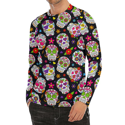 Sugar Skull Pattern Print Men's Long Sleeve Rash Guard