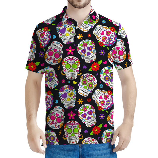Sugar Skull Pattern Print Men's Polo Shirt