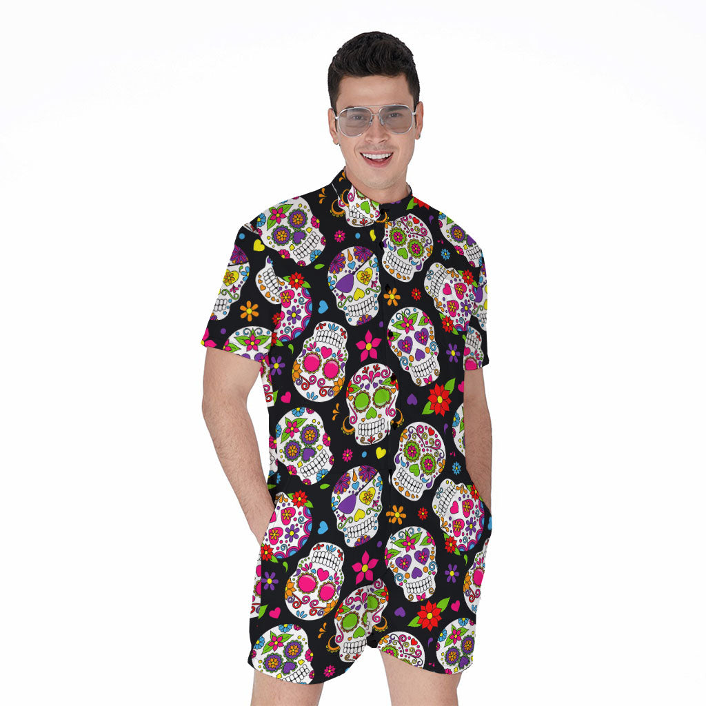 Sugar Skull Pattern Print Men's Rompers