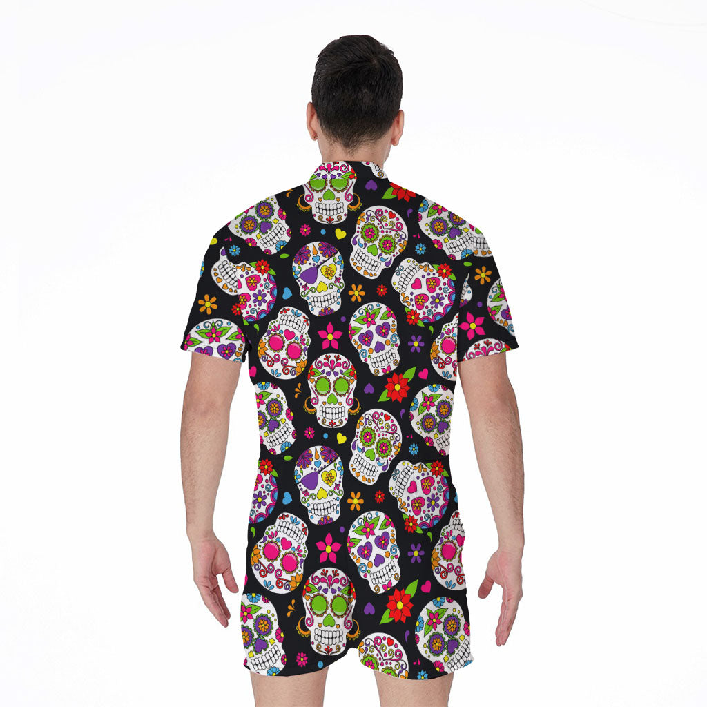 Sugar Skull Pattern Print Men's Rompers