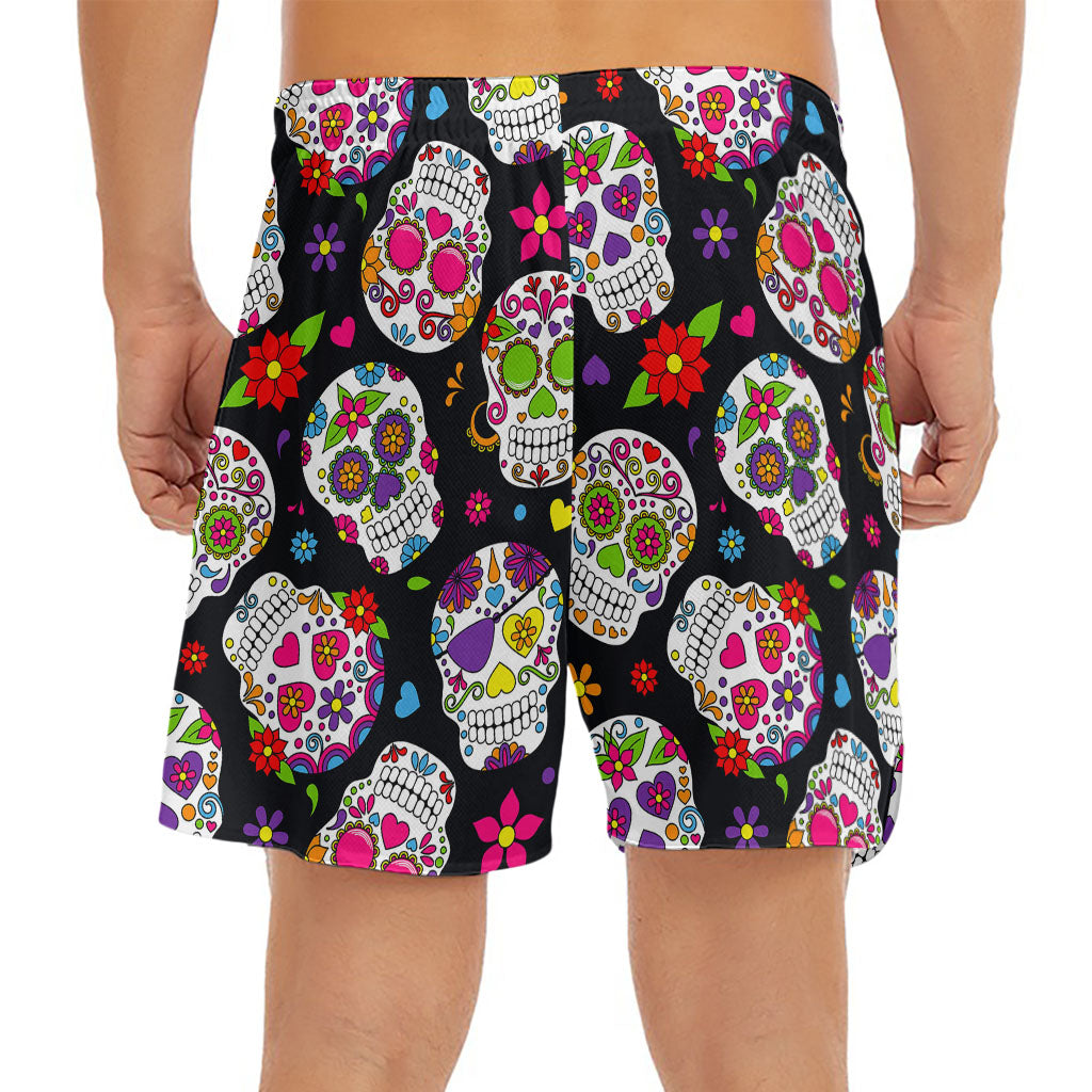 Sugar Skull Pattern Print Men's Split Running Shorts