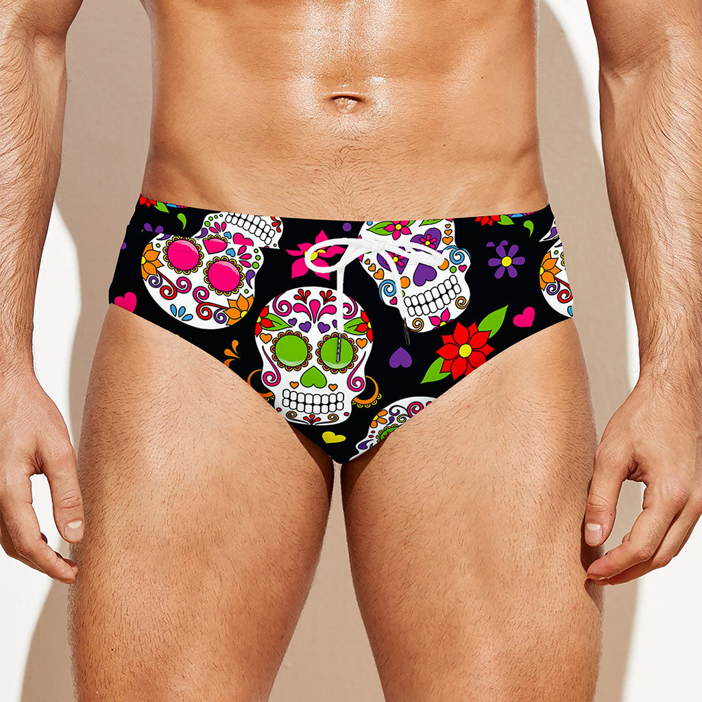 Sugar Skull Pattern Print Men's Swim Briefs