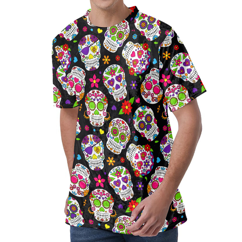 Sugar Skull Pattern Print Men's Velvet T-Shirt