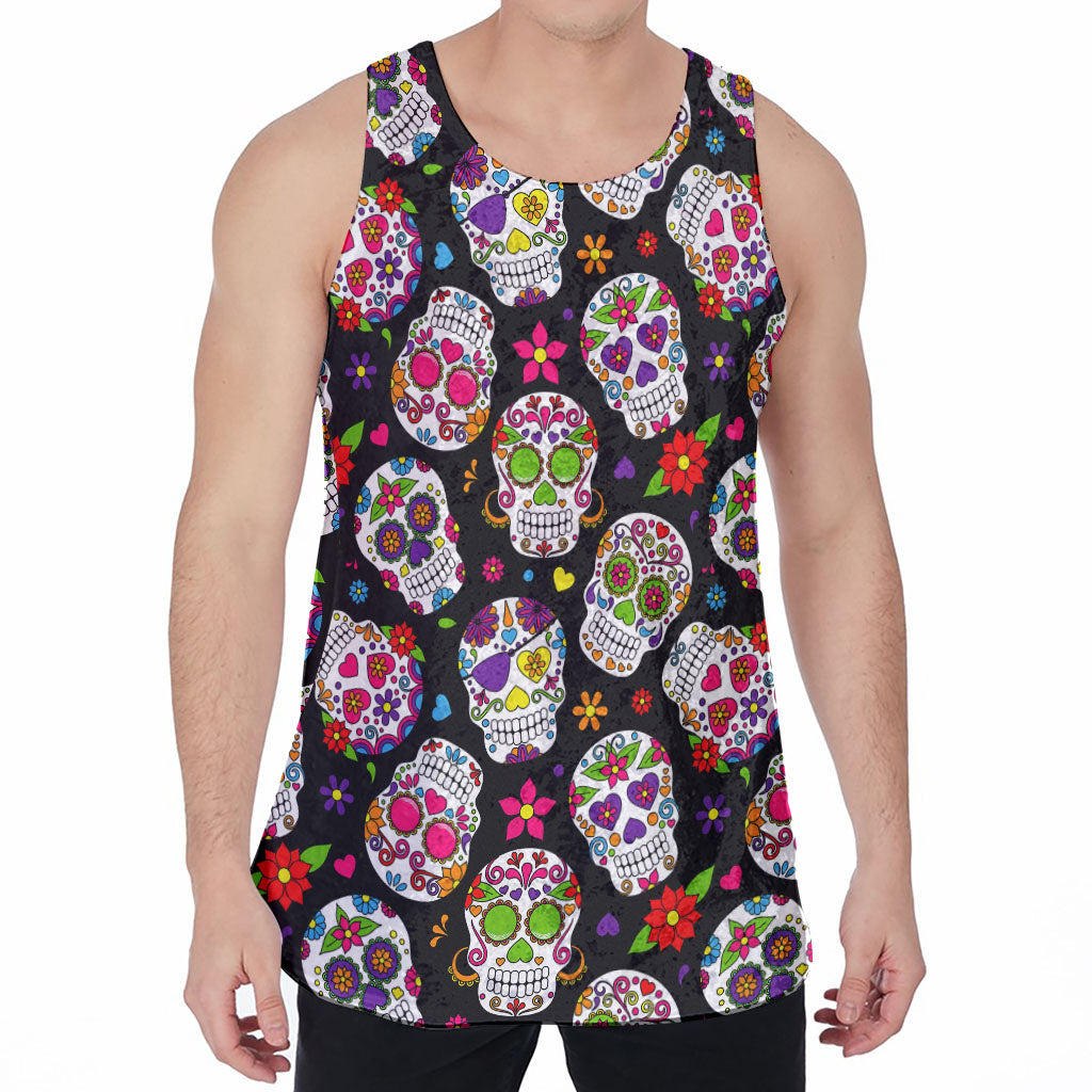 Sugar Skull Pattern Print Men's Velvet Tank Top