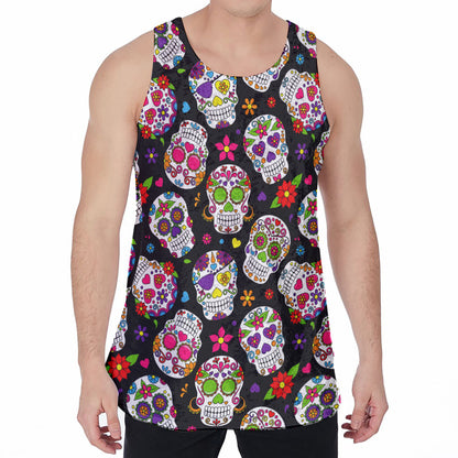 Sugar Skull Pattern Print Men's Velvet Tank Top
