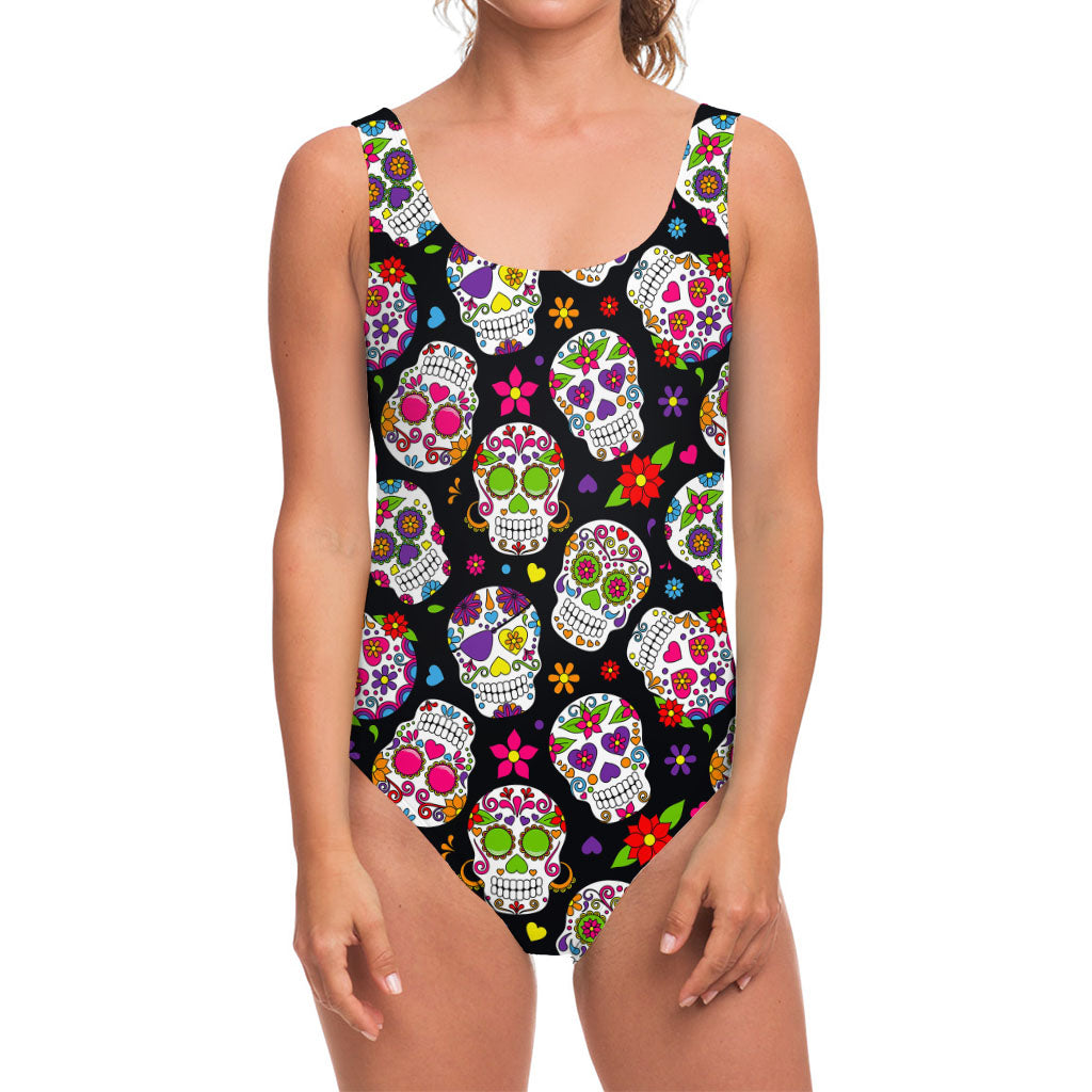 Sugar Skull Pattern Print One Piece Swimsuit