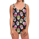 Sugar Skull Pattern Print One Piece Swimsuit