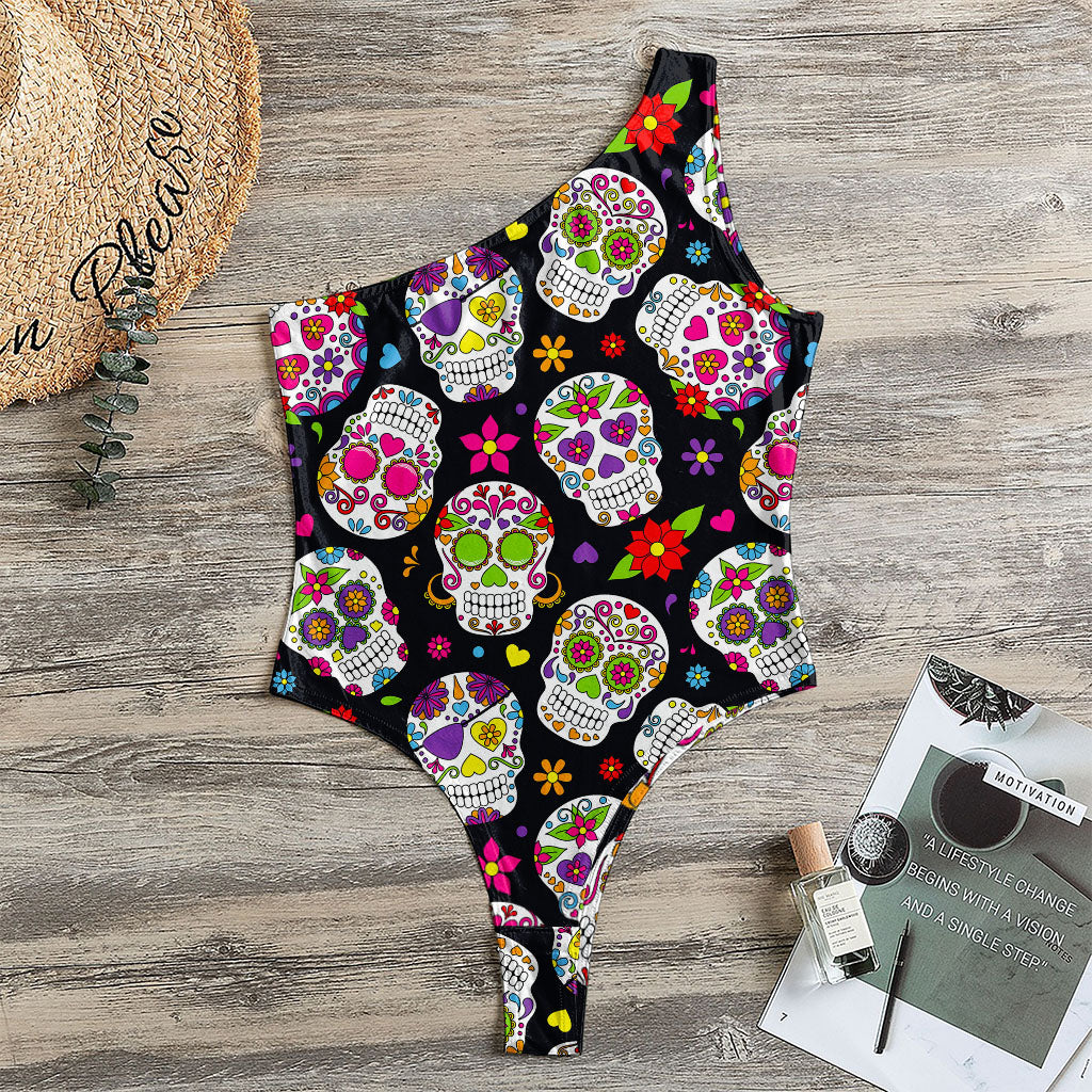 Sugar Skull Pattern Print One Shoulder Bodysuit