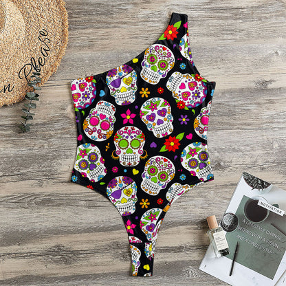 Sugar Skull Pattern Print One Shoulder Bodysuit