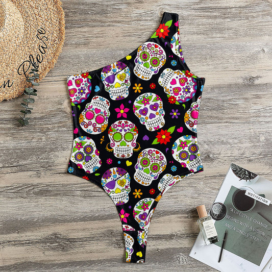 Sugar Skull Pattern Print One Shoulder Bodysuit
